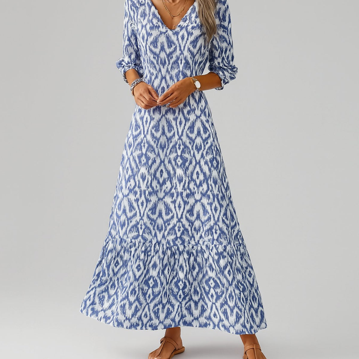 Women's V-Neck Tiered Ikat-Print Maxi Dress - Blue