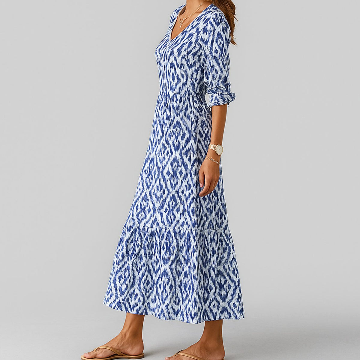 Women's V-Neck Tiered Ikat-Print Maxi Dress