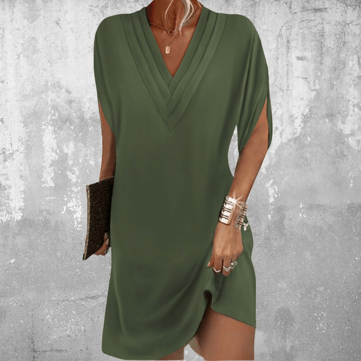 Women's V-Neck Tummy-Covering Split-Sleeve Formal Evening Dress - Military Green (Almost sold out)