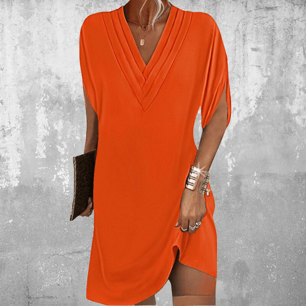 Women's V-Neck Tummy-Covering Split-Sleeve Formal Evening Dress - Orange