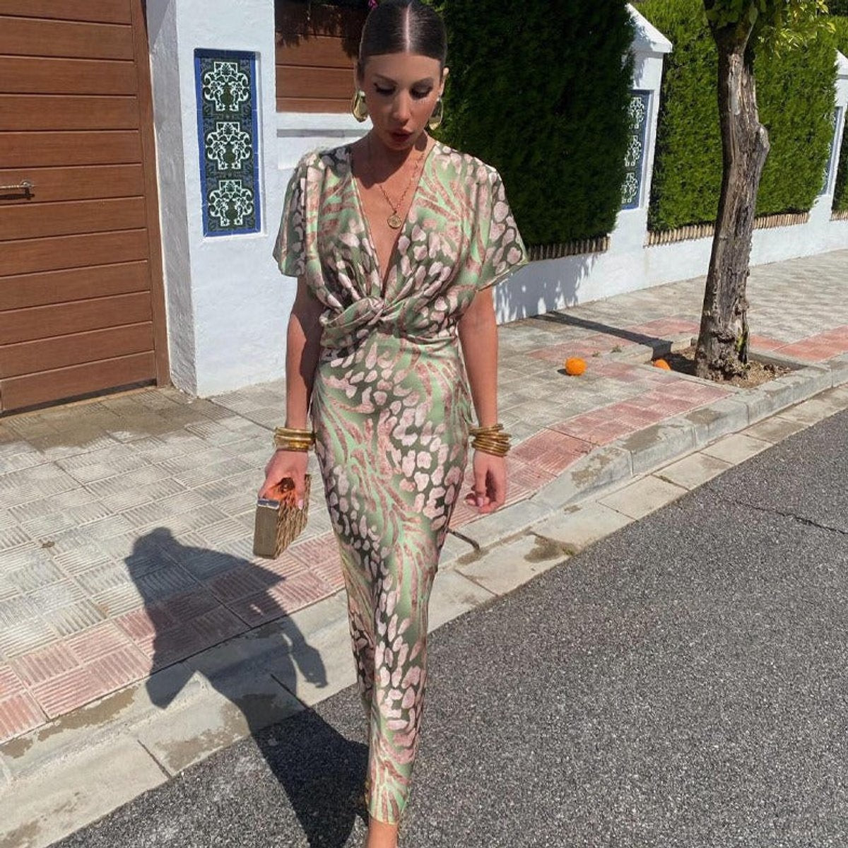 Women's V-Neck Twisted-Front Floral Summer Dress Satin Maxi