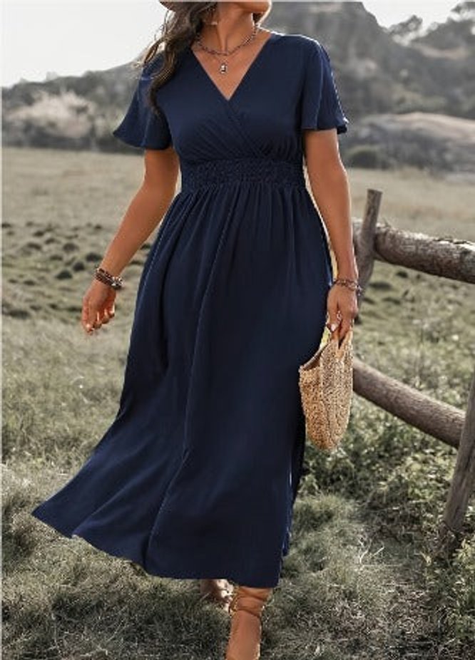 Women's V-Neck Twisted-Waist Short Sleeve Midi Dress - Blue