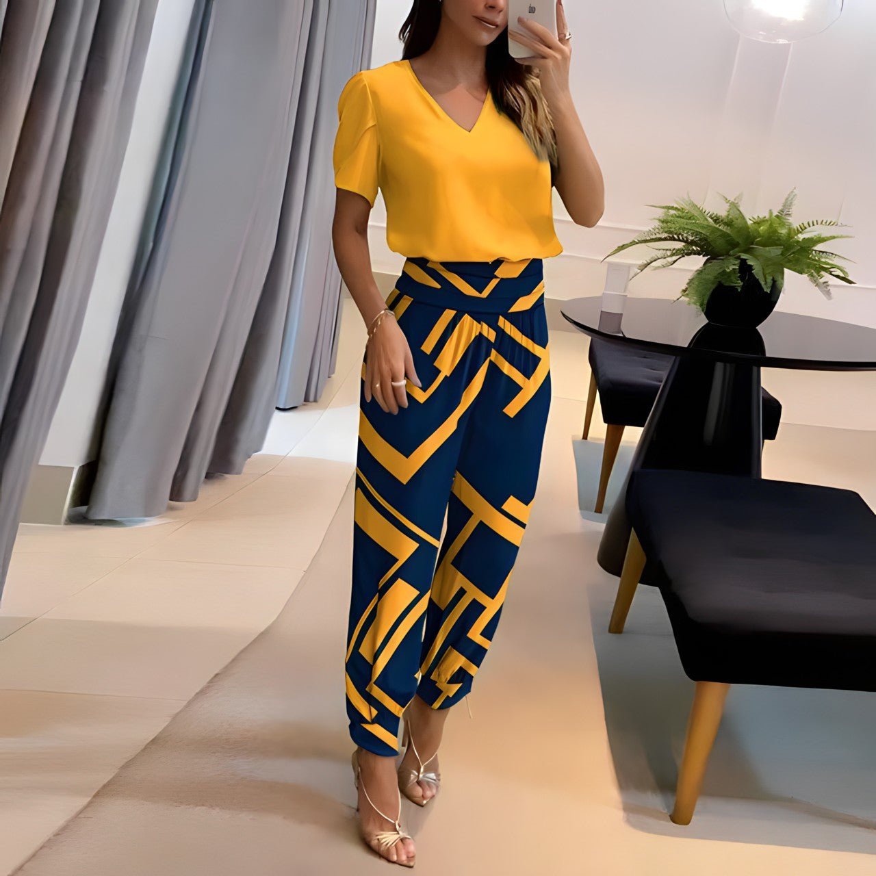 Women's V-Neck Wide-Leg Two-Piece Set - Yellow