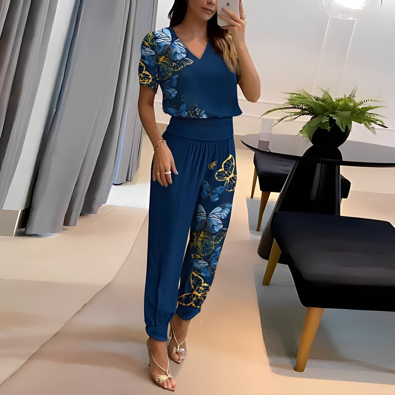 Women's V-Neck Wide-Leg Two-Piece Set - Blue