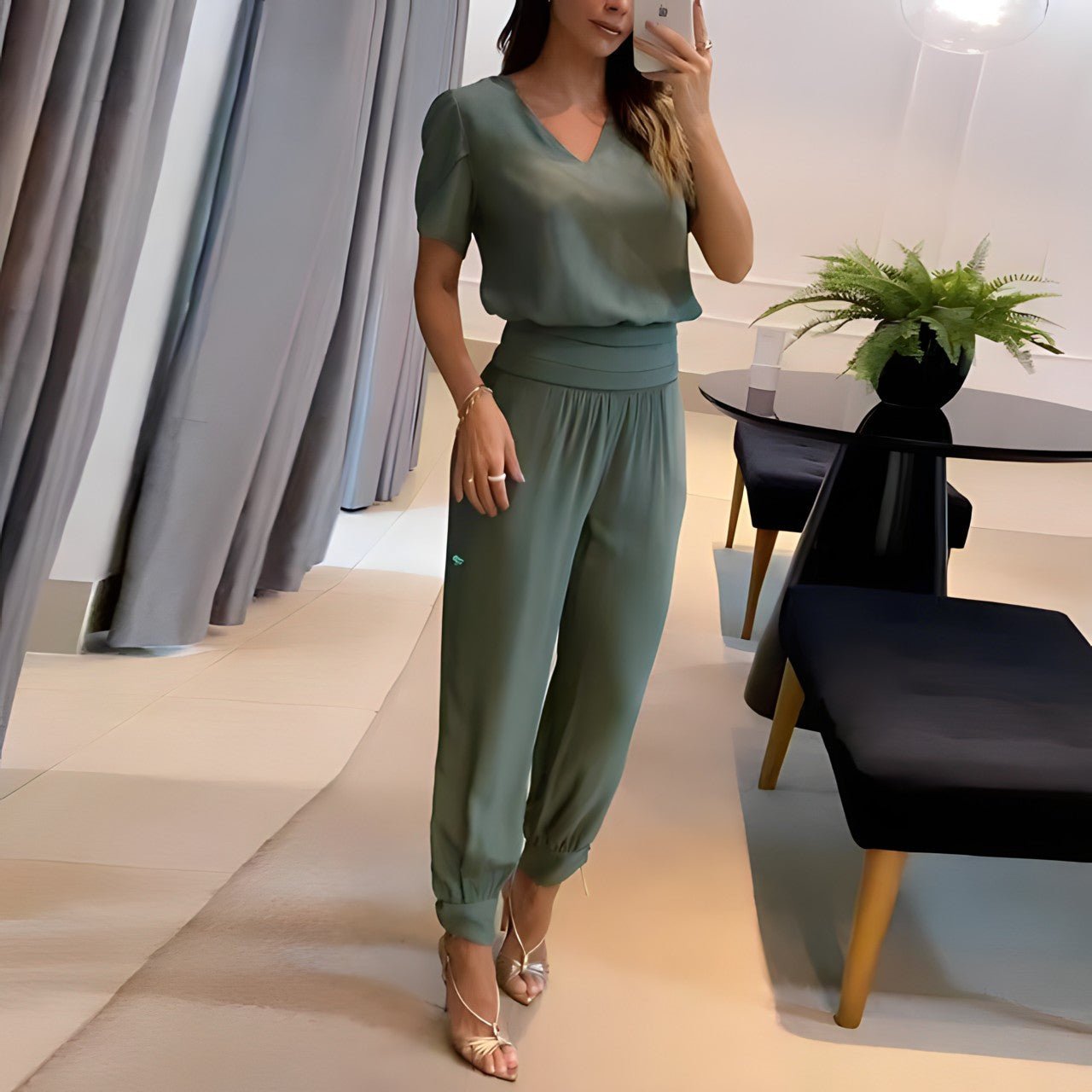Women's V-Neck Wide-Leg Two-Piece Set - Olive Green