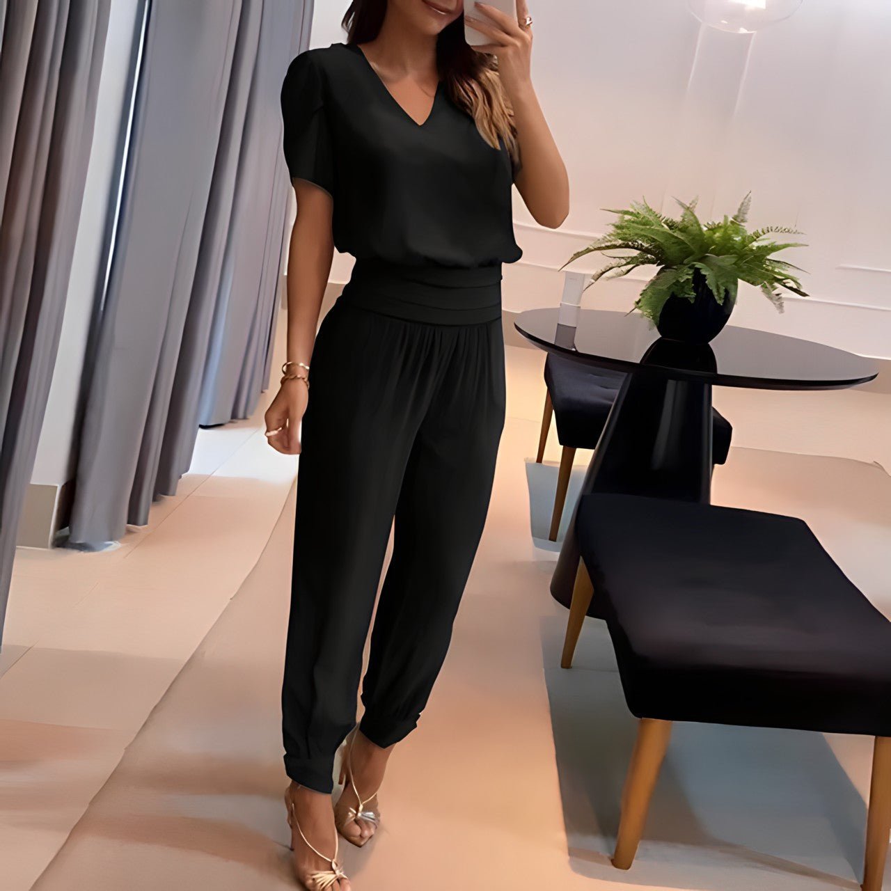 Women's V-Neck Wide-Leg Two-Piece Set - Black