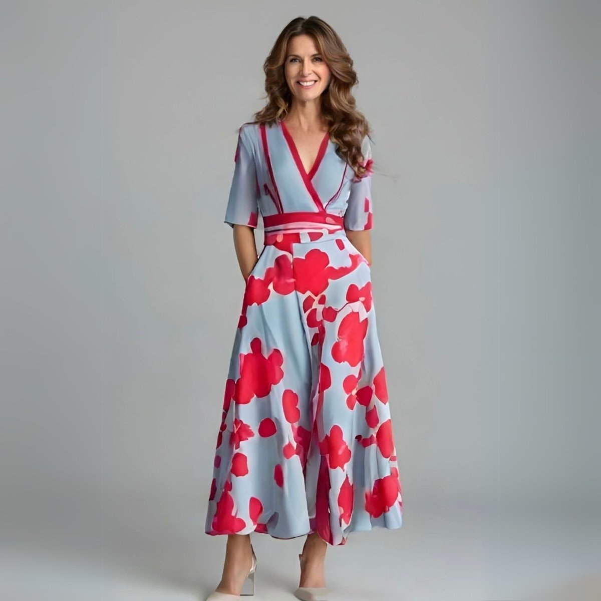 Women's V-Neck Wrap Floral Dress Midi A-Line Elbow Sleeve