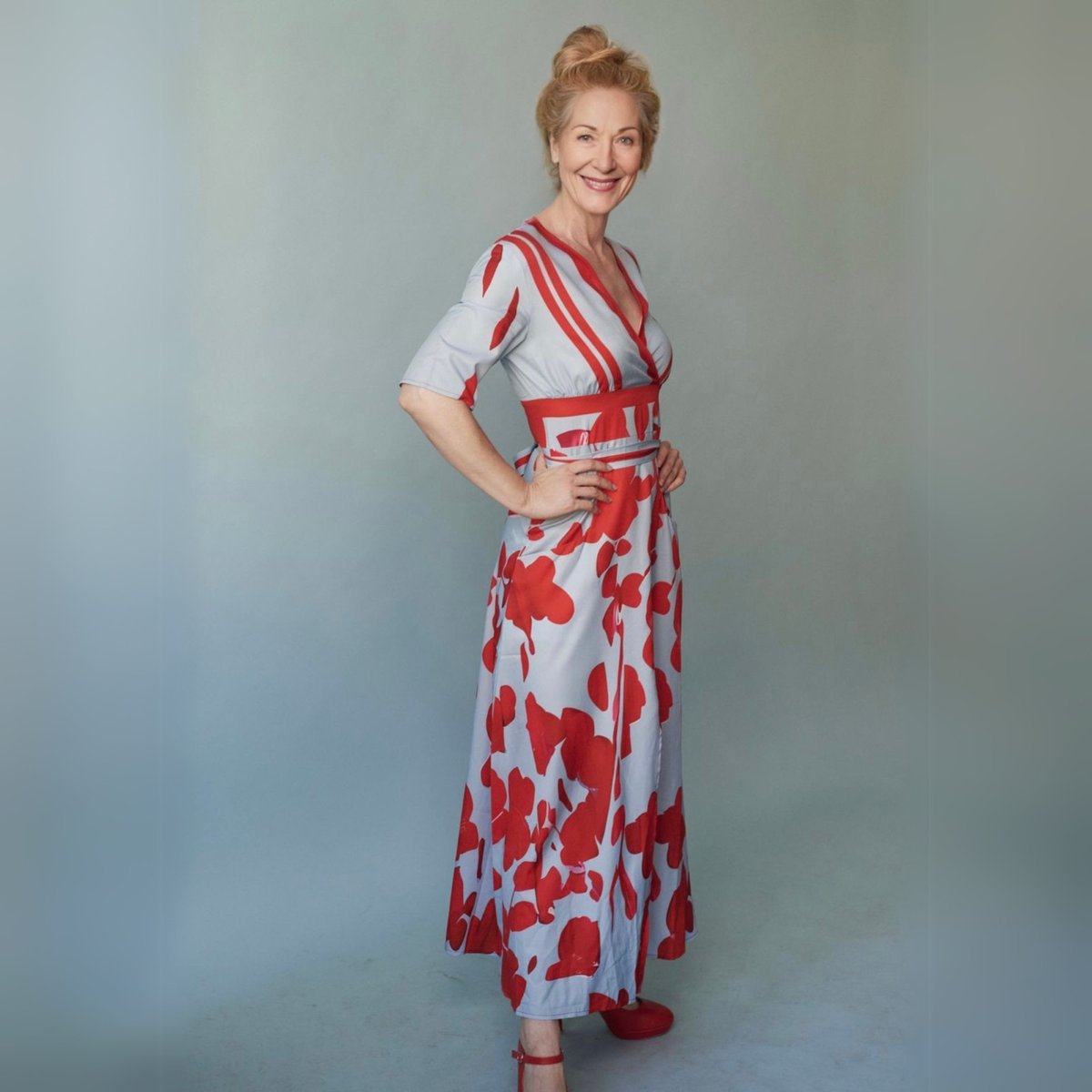 Women's V-Neck Wrap Floral Dress Midi A-Line Elbow Sleeve