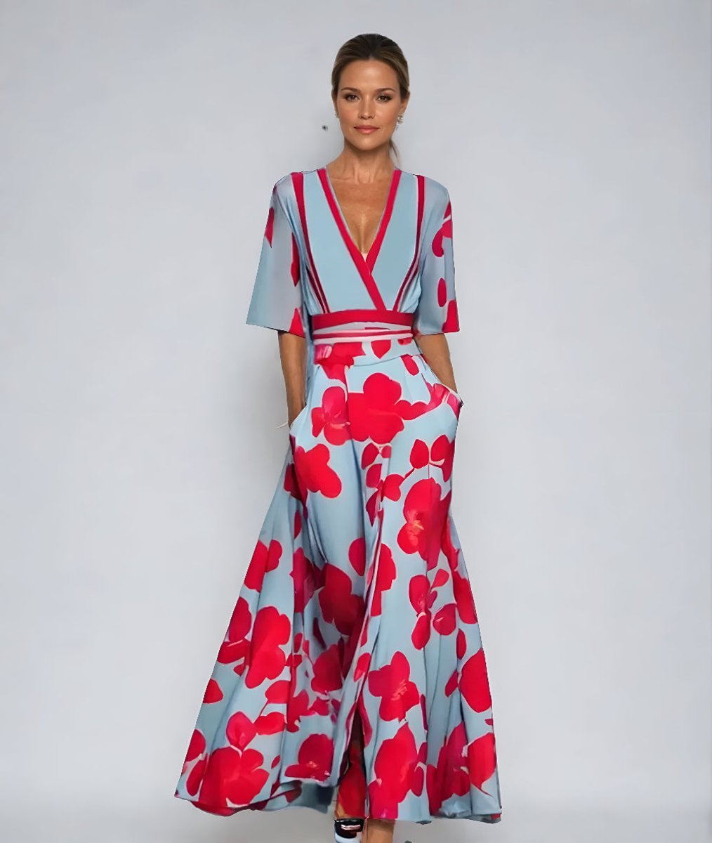 Women's V-Neck Wrap Floral Dress Midi A-Line Elbow Sleeve