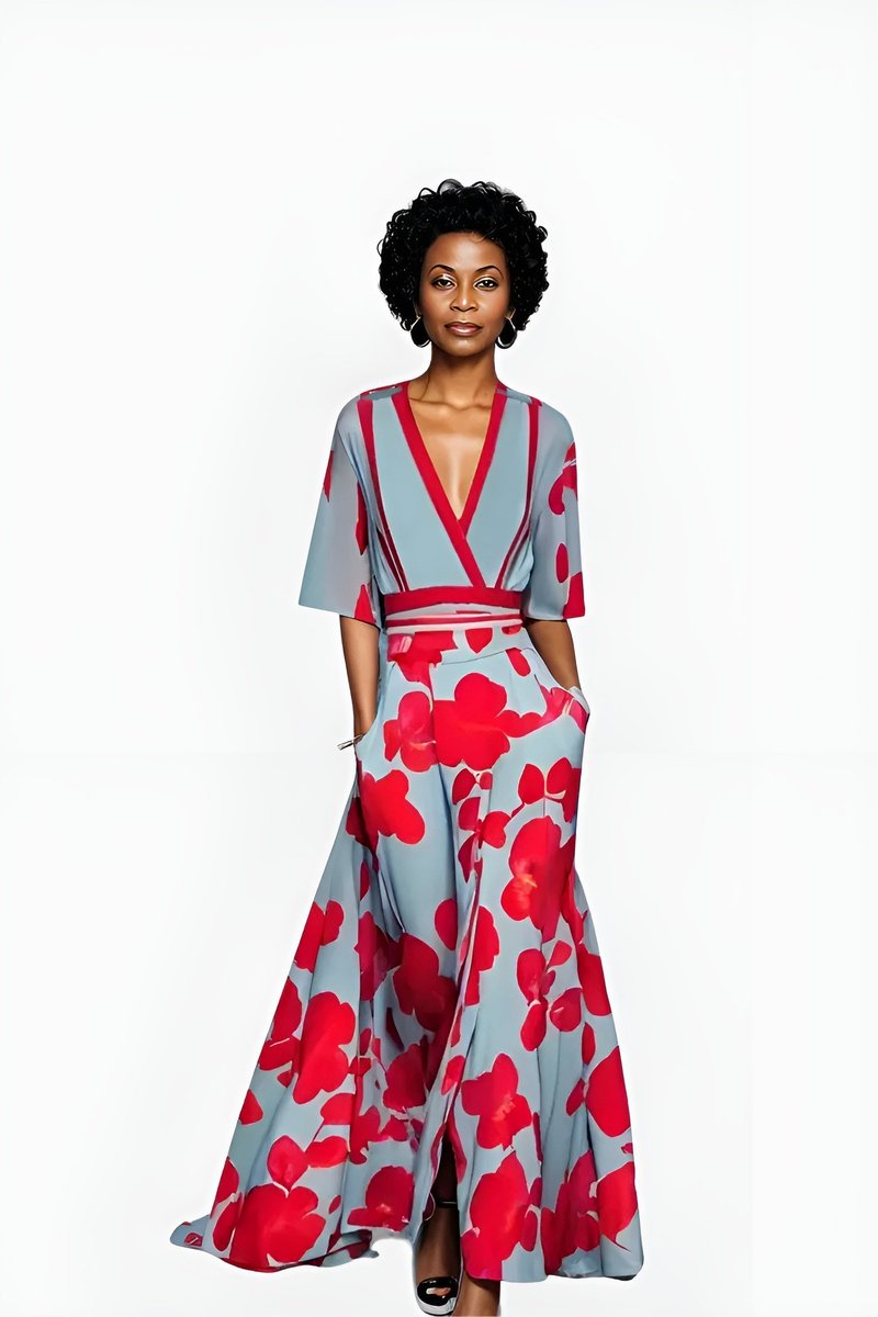 Women's V-Neck Wrap Floral Dress Midi A-Line Elbow Sleeve