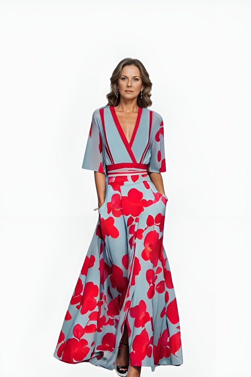 Women's V-Neck Wrap Floral Dress Midi A-Line Elbow Sleeve