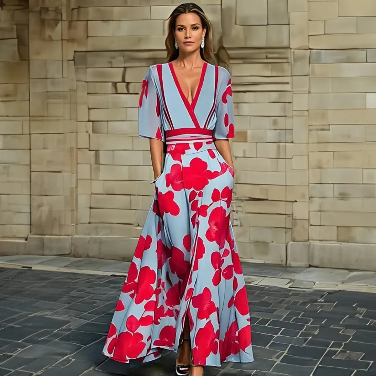 Women's V-Neck Wrap Floral Dress Midi A-Line Elbow Sleeve