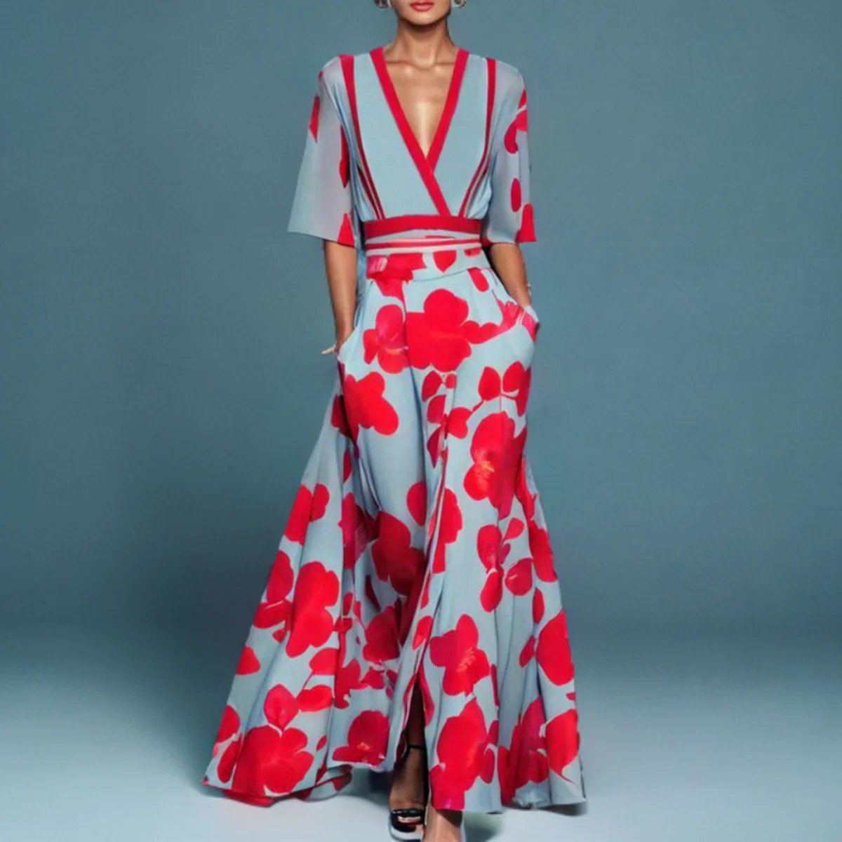 Women's V-Neck Wrap Floral Dress Midi A-Line Elbow Sleeve