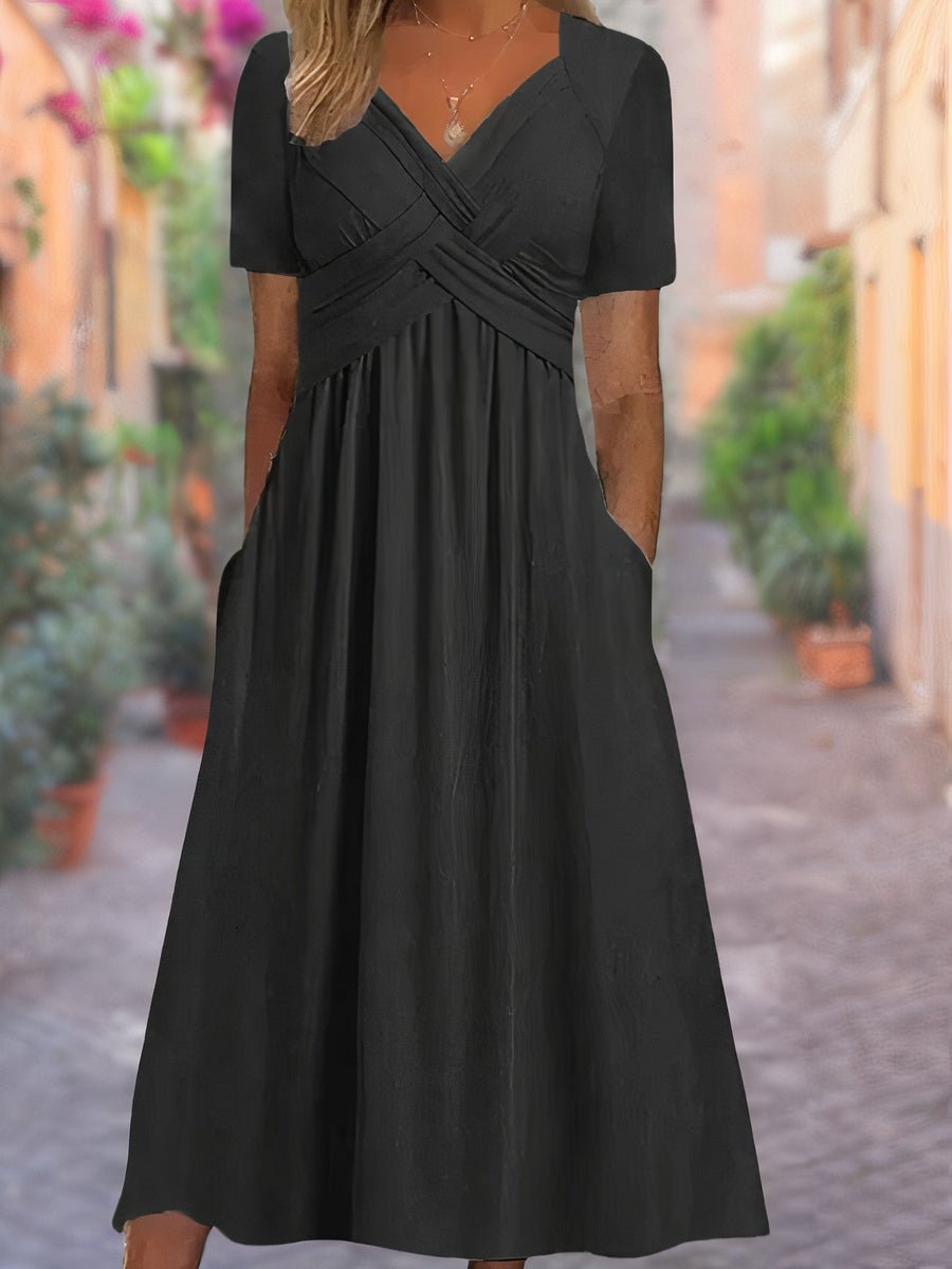 Women's V-Neck Wrap-Front Ruched Empire-Waist Midi Dress - Black