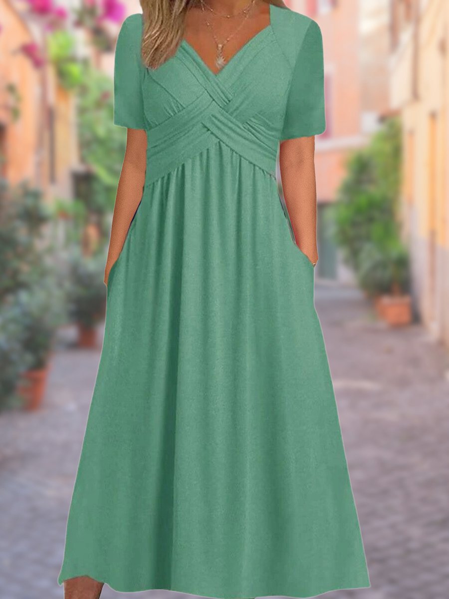 Women's V-Neck Wrap-Front Ruched Empire-Waist Midi Dress - Green