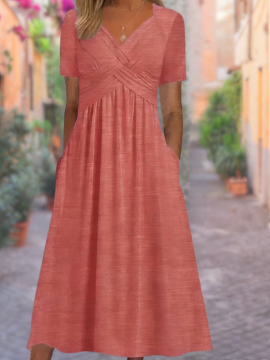 Women's V-Neck Wrap-Front Ruched Empire-Waist Midi Dress - Pink