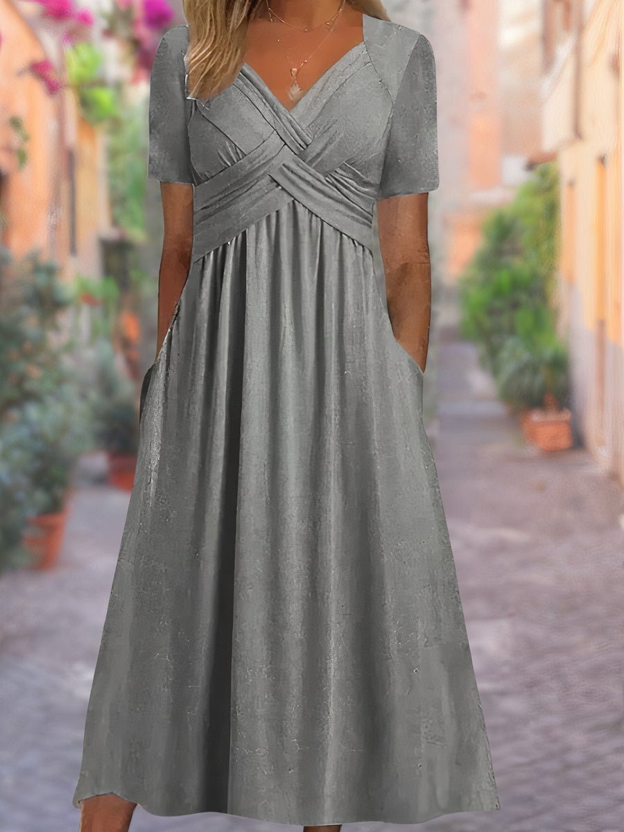 Women's V-Neck Wrap-Front Ruched Empire-Waist Midi Dress - Grey