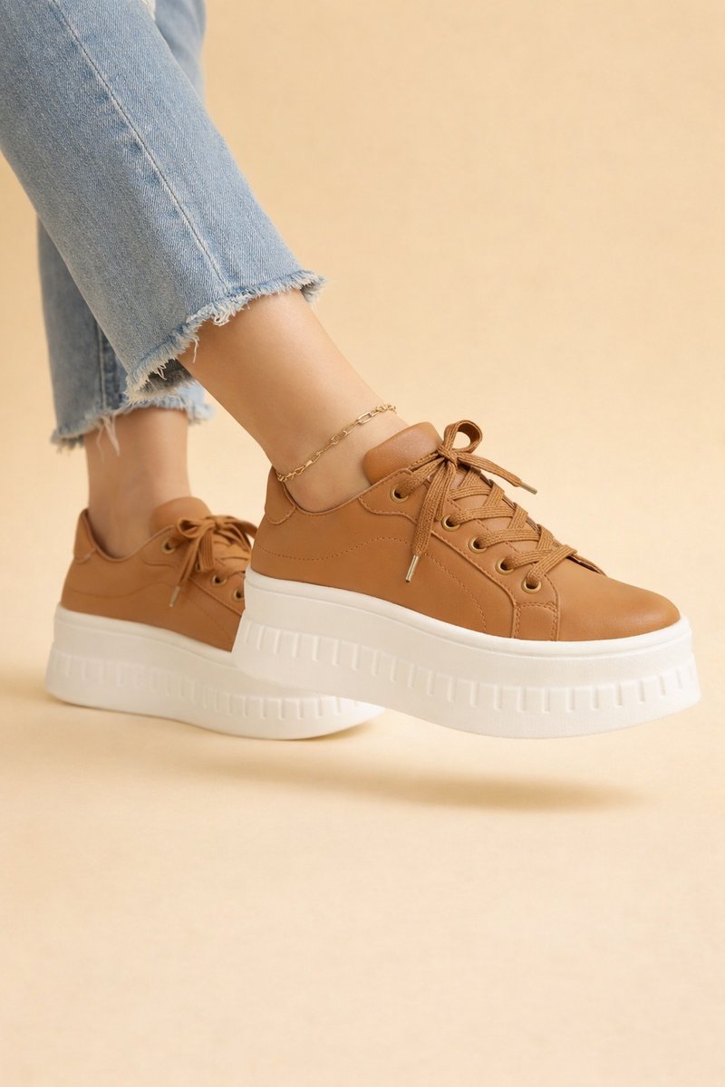 Women's Vegan Leather Platform Lace-Up Comfort Sneakers - Brown