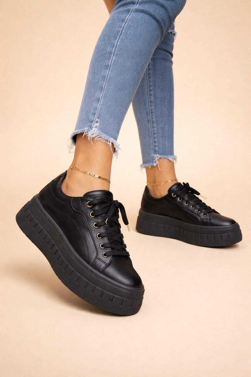Women's Vegan Leather Platform Lace-Up Comfort Sneakers - Black