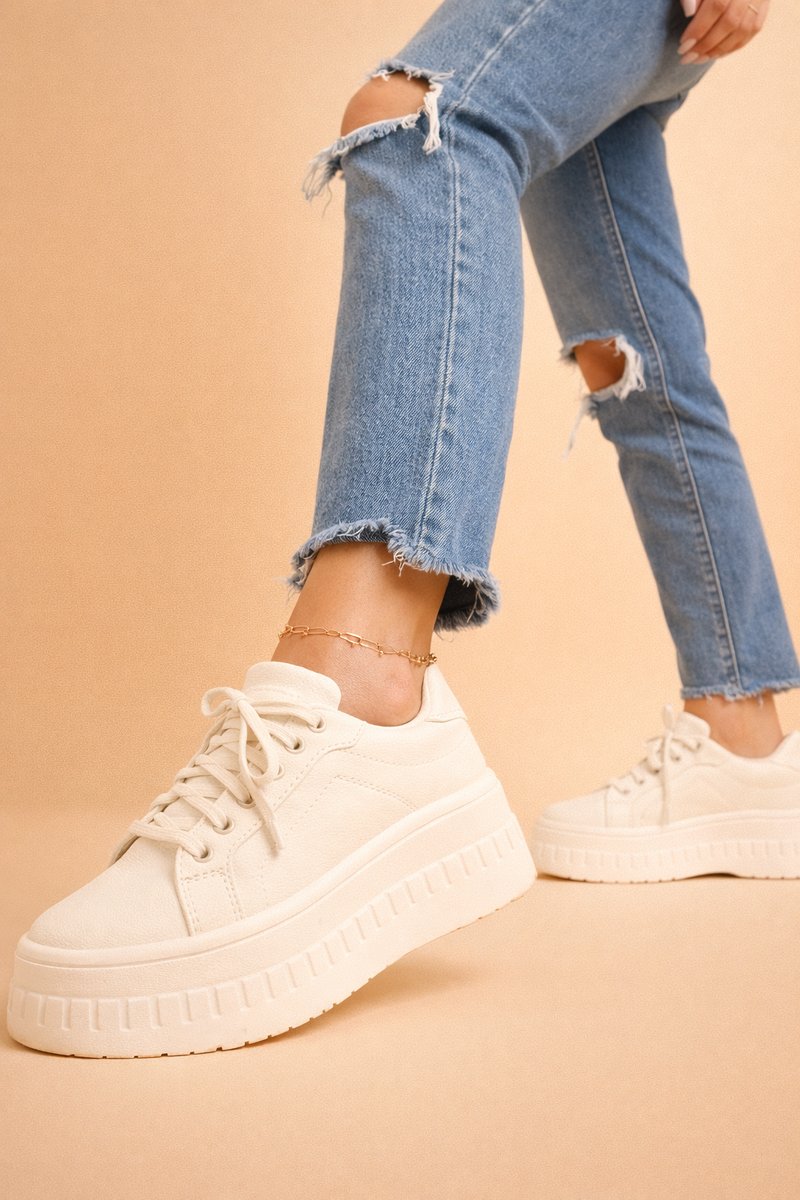 Women's Vegan Leather Platform Lace-Up Comfort Sneakers - Beige