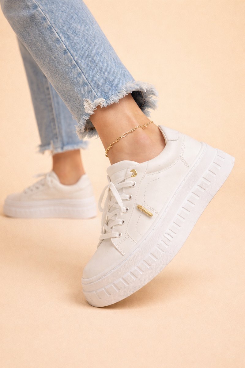 Women's Vegan Leather Platform Lace-Up Comfort Sneakers - White