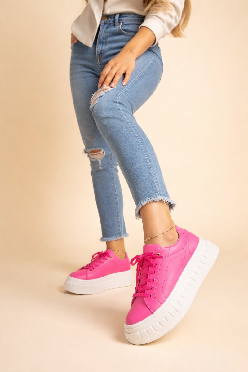 Women's Vegan Leather Platform Lace-Up Comfort Sneakers - Pink