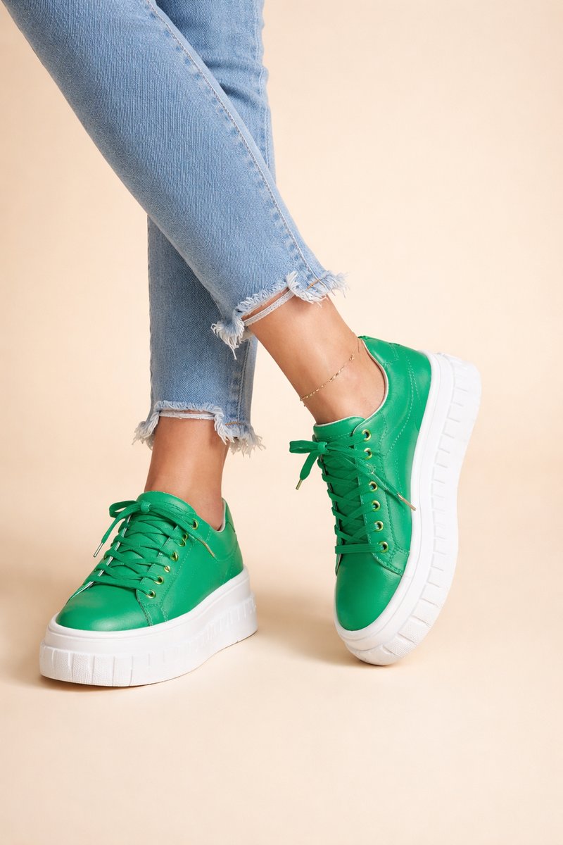 Women's Vegan Leather Platform Lace-Up Comfort Sneakers