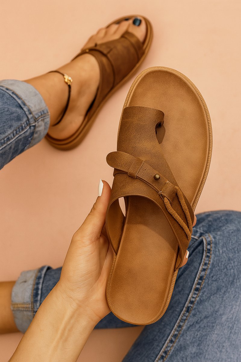 Women's Vegan Leather Toe-Post Cushioned Comfort Sandals - Dark Brown