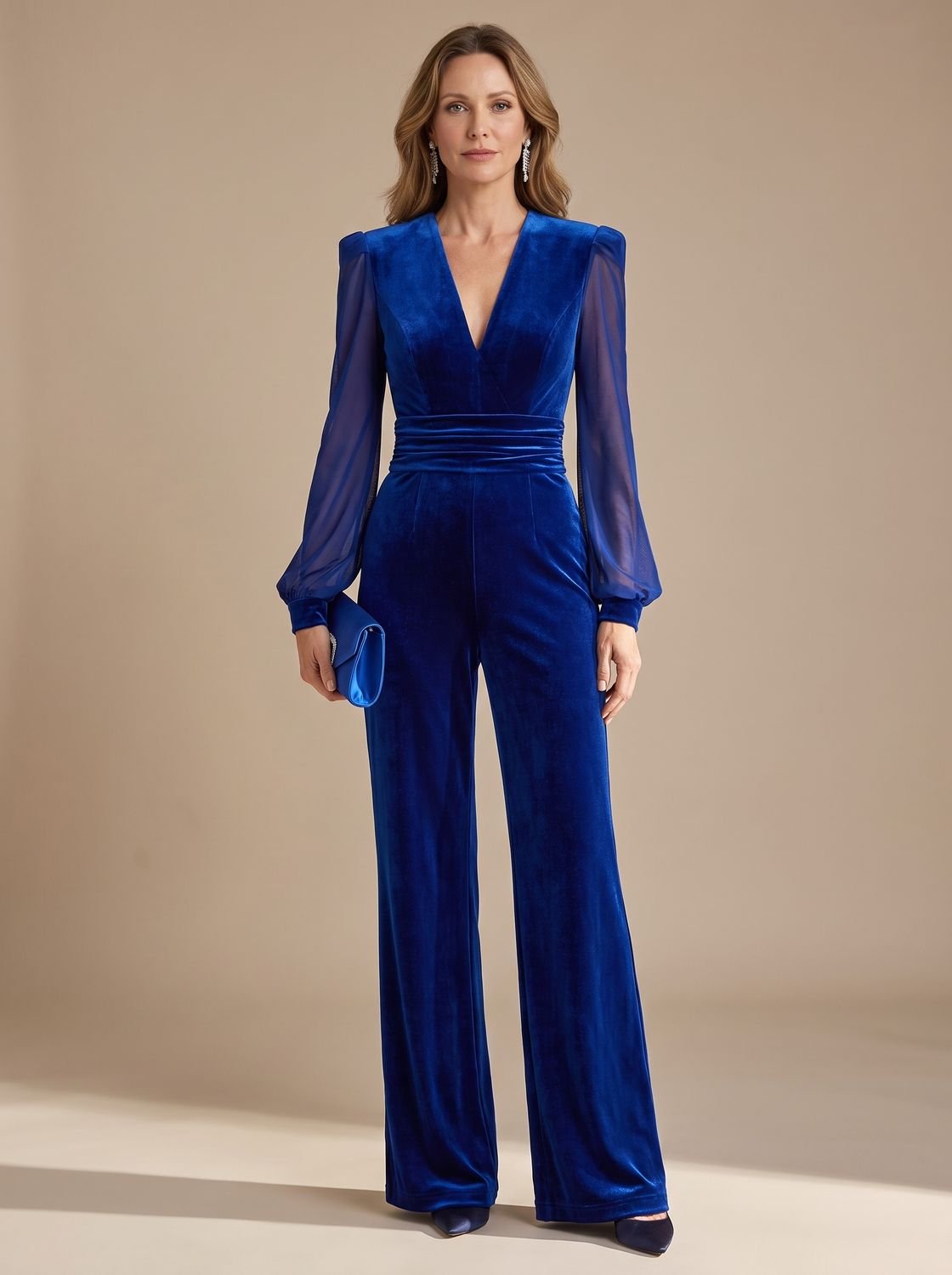 Women's Velvet Deep V-Neck Wide-Leg Jumpsuit Mesh Sleeves