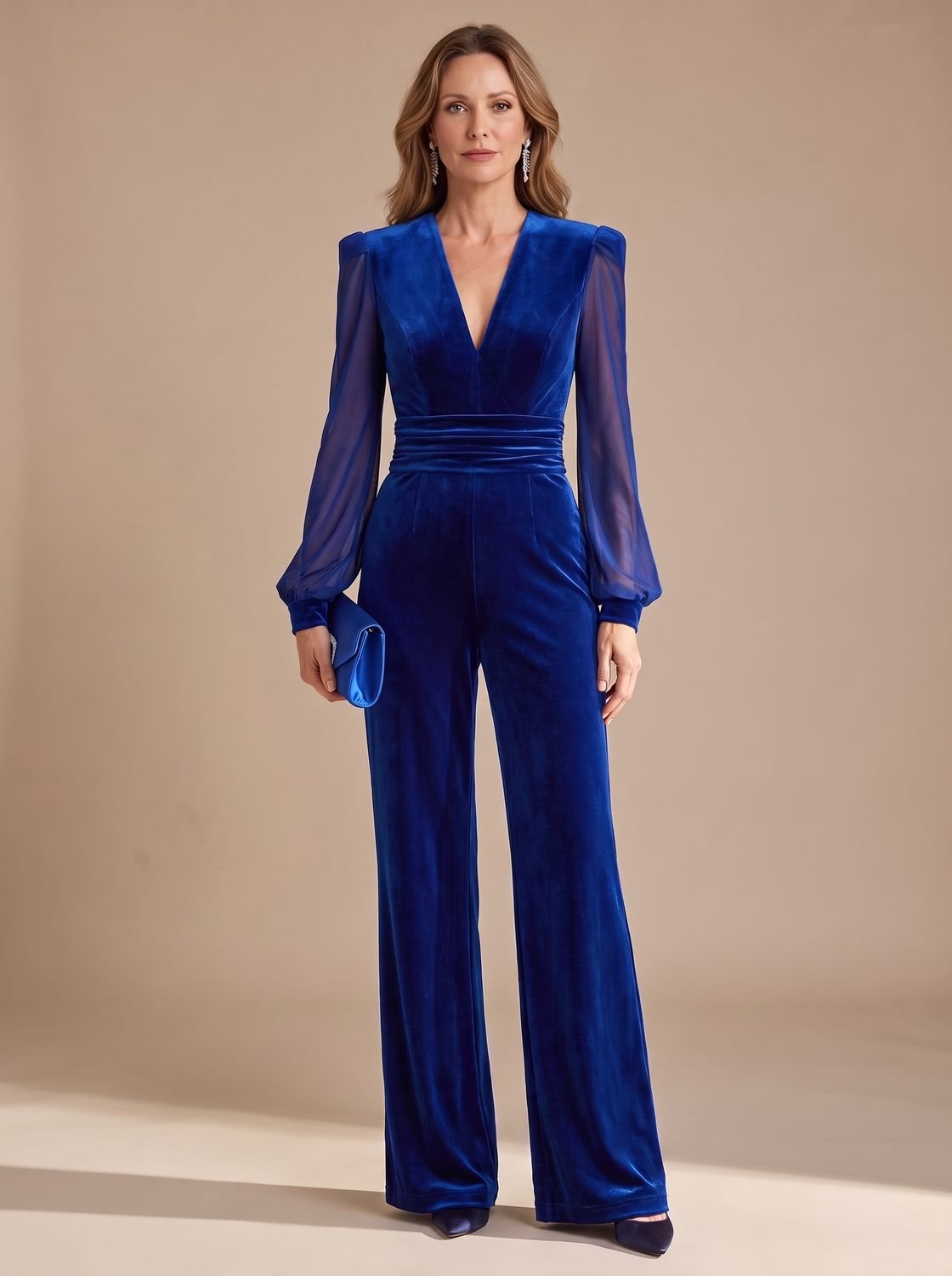 Women's Velvet Deep V-Neck Wide-Leg Jumpsuit Mesh Sleeves