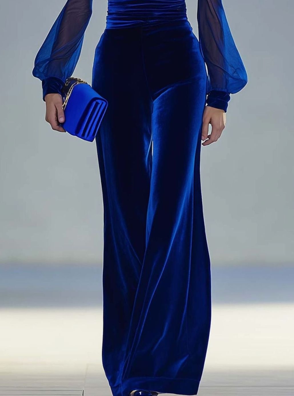 Women's Velvet Deep V-Neck Wide-Leg Jumpsuit Mesh Sleeves