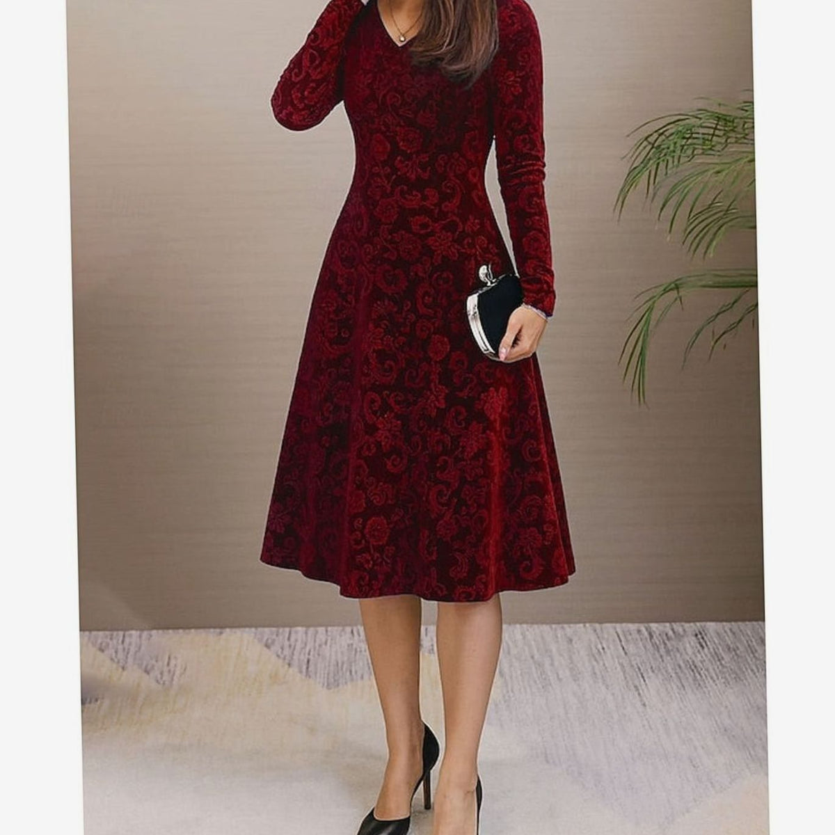 Women's Velvet Floral A-Line Midi Wedding Guest Dress - Wine