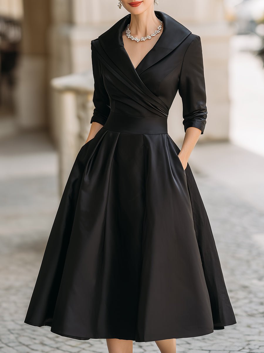Women's Vintage A-Line Wrap Midi Dress 3/4 Sleeve Full Skirt - Black