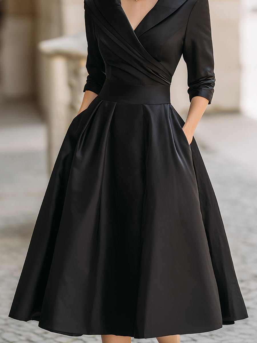 Women's Vintage A-Line Wrap Midi Dress 3/4 Sleeve Full Skirt