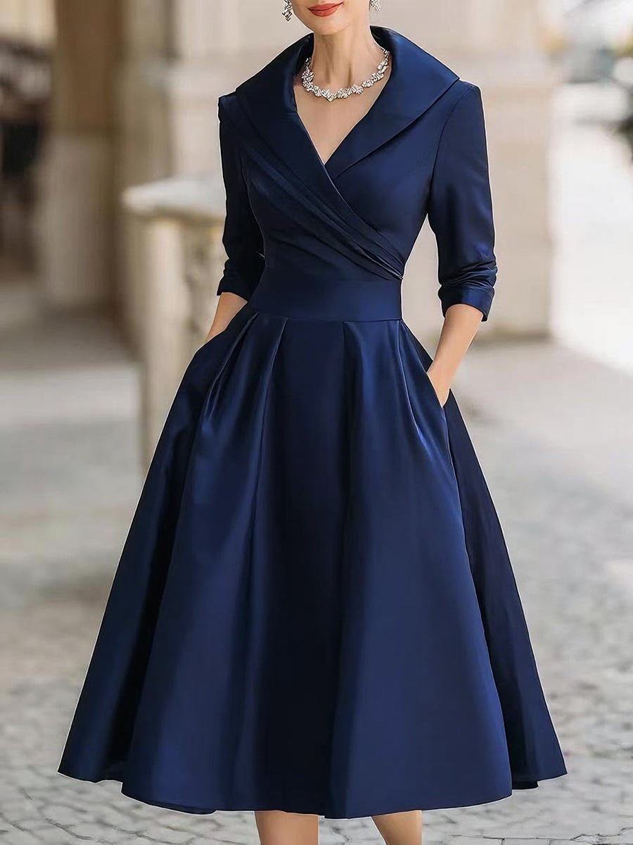 Women's Vintage A-Line Wrap Midi Dress 3/4 Sleeve Full Skirt - Navy Blue
