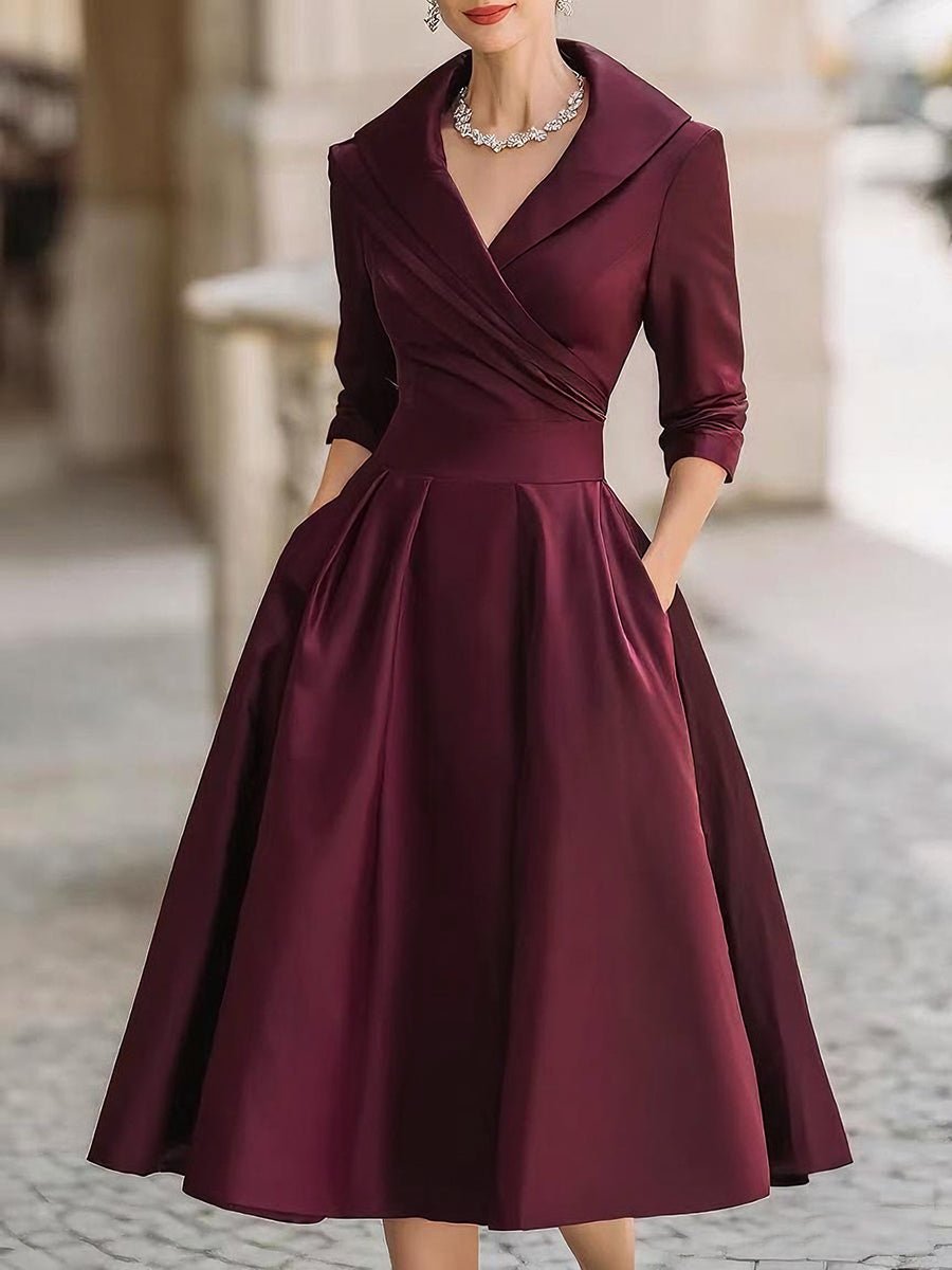 Women's Vintage A-Line Wrap Midi Dress 3/4 Sleeve Full Skirt - Burgundy