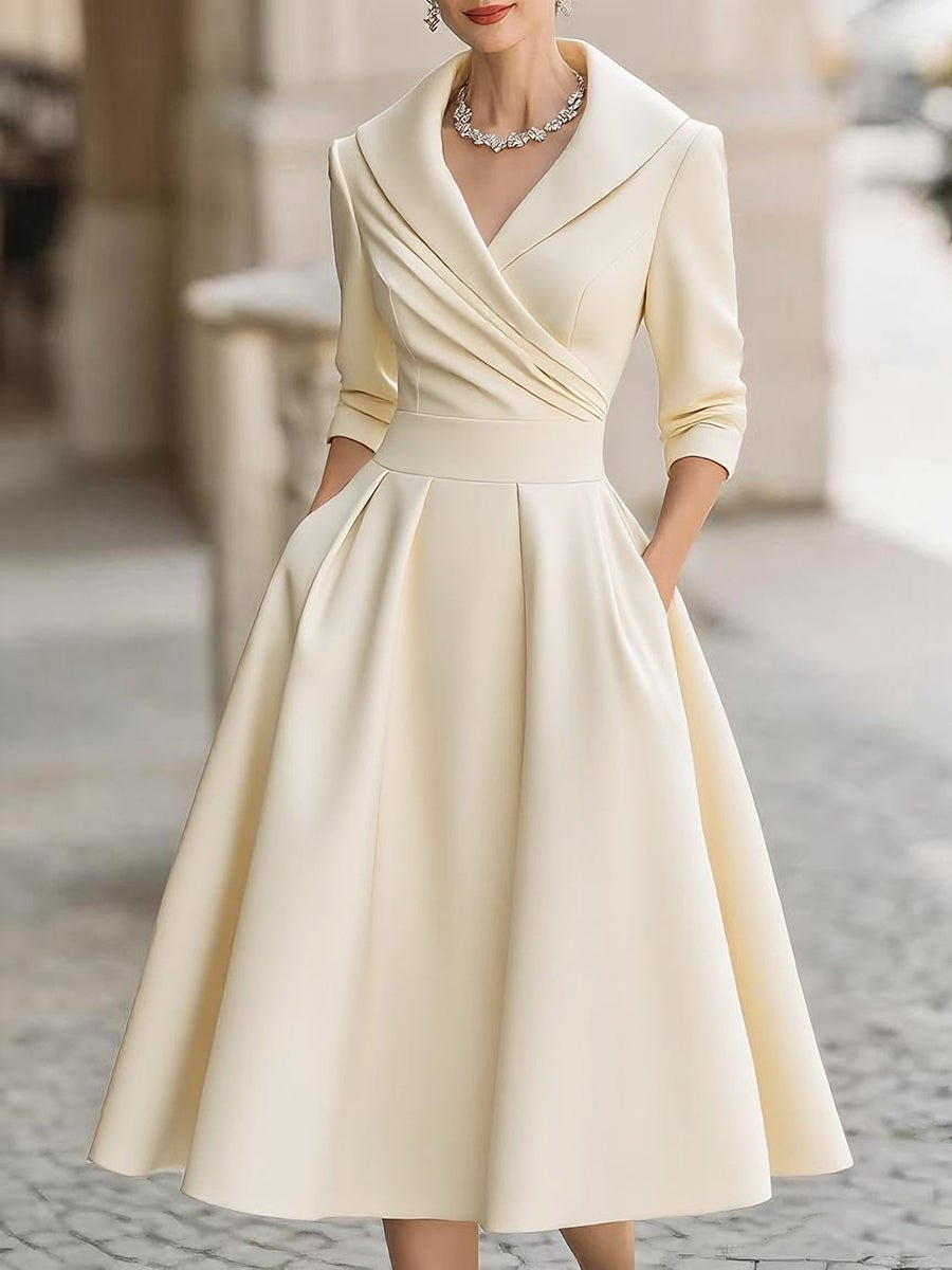 Women's Vintage A-Line Wrap Midi Dress 3/4 Sleeve Full Skirt - Beige