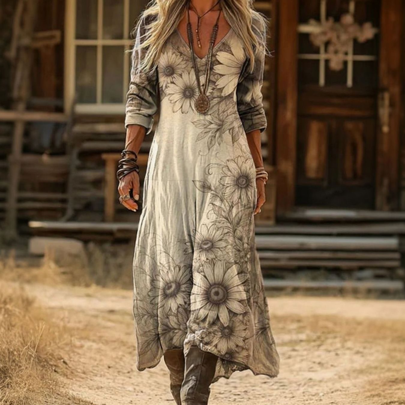 Women's Vintage Floral Long Sleeve Boho Dress V-Neck Maxi - Multicolor