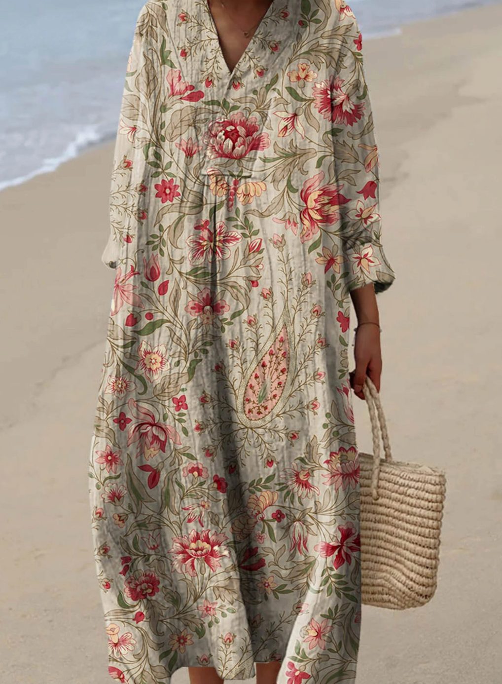 Women's Vintage Floral Maxi Dress Long-Sleeve V-Neck Art Print - Apricot