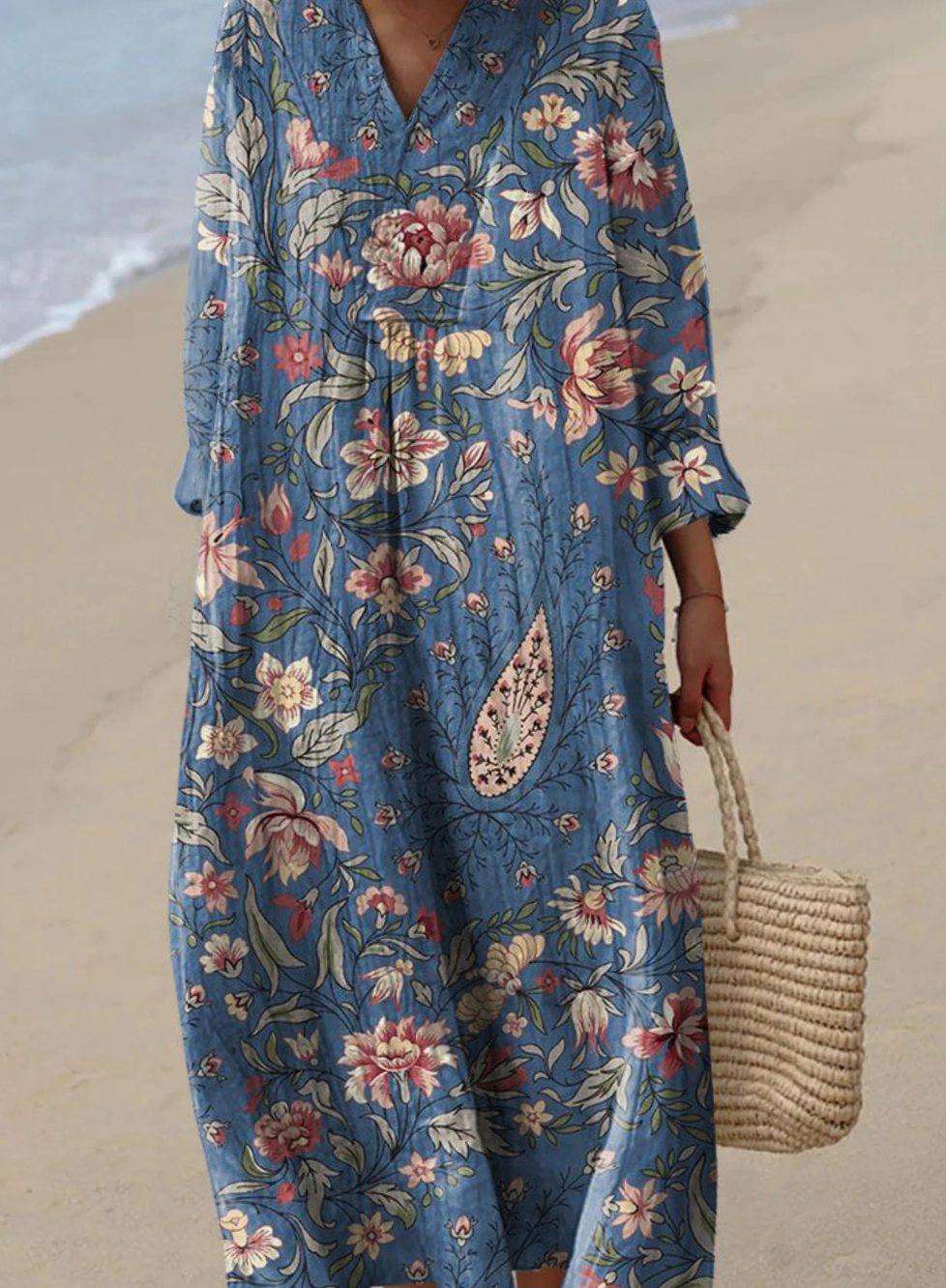 Women's Vintage Floral Maxi Dress Long-Sleeve V-Neck Art Print - Blue