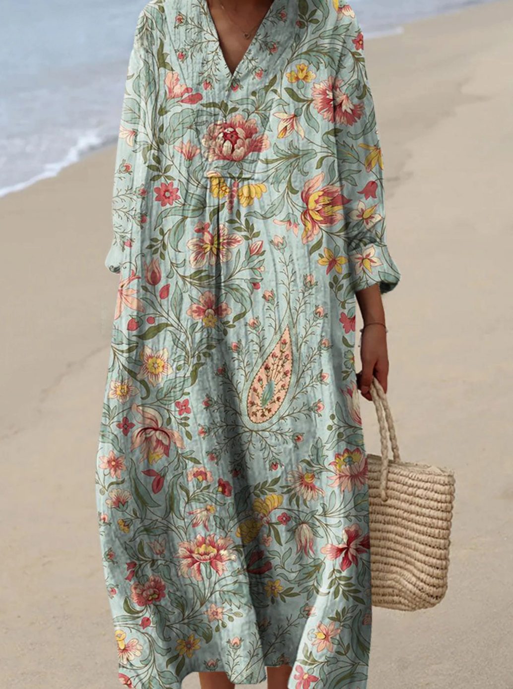 Women's Vintage Floral Maxi Dress Long-Sleeve V-Neck Art Print - Light Blue