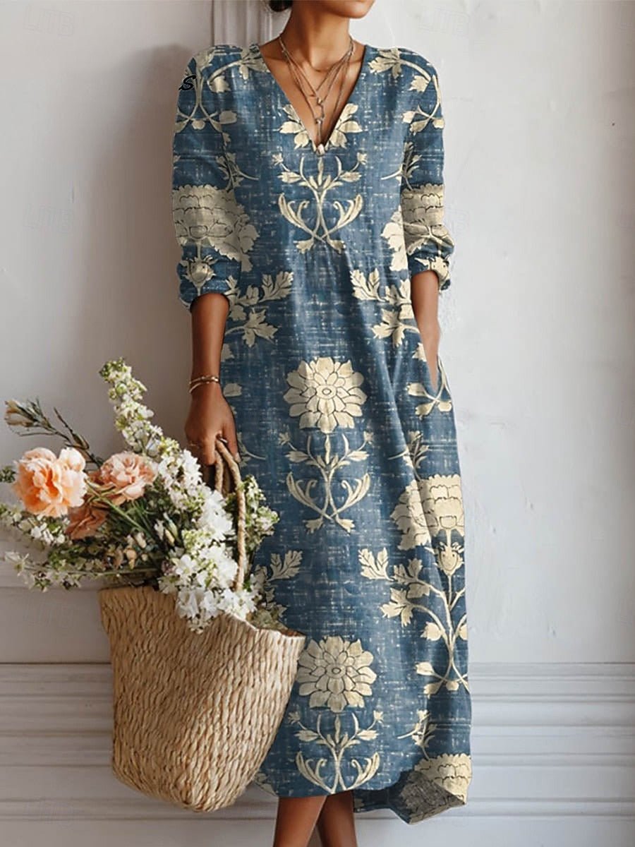 Women's Vintage Floral Summer Dress V-Neck Long Sleeve Maxi - Dress