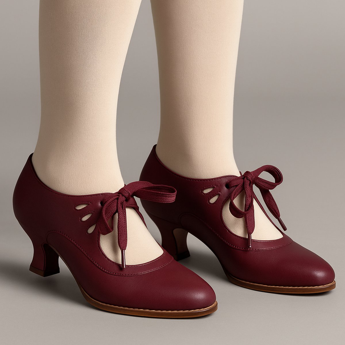 Women's Vintage Low-Heel Lace-Up Cut-Out Comfort Pumps - Burgundy