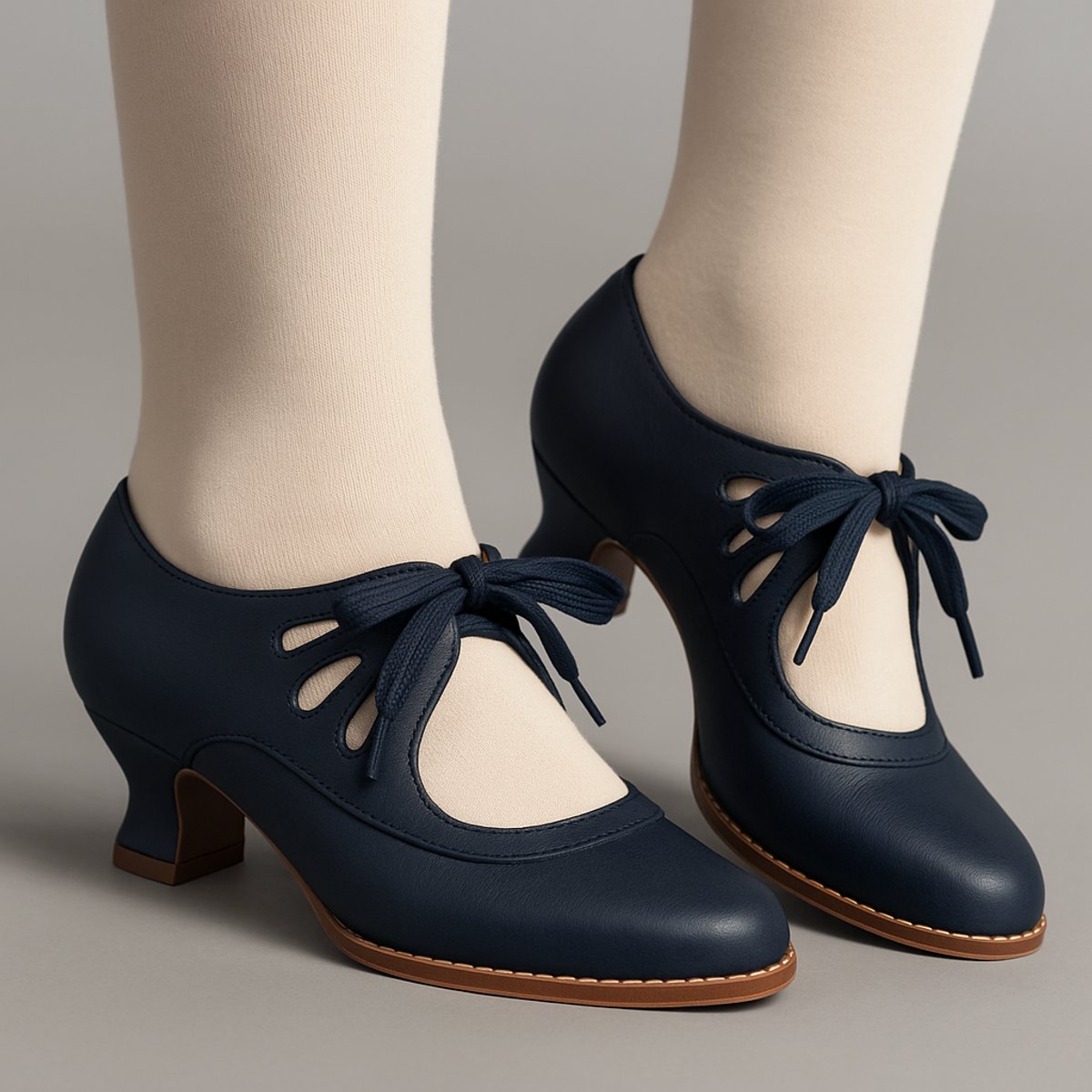 Women's Vintage Low-Heel Lace-Up Cut-Out Comfort Pumps - Navy Blue