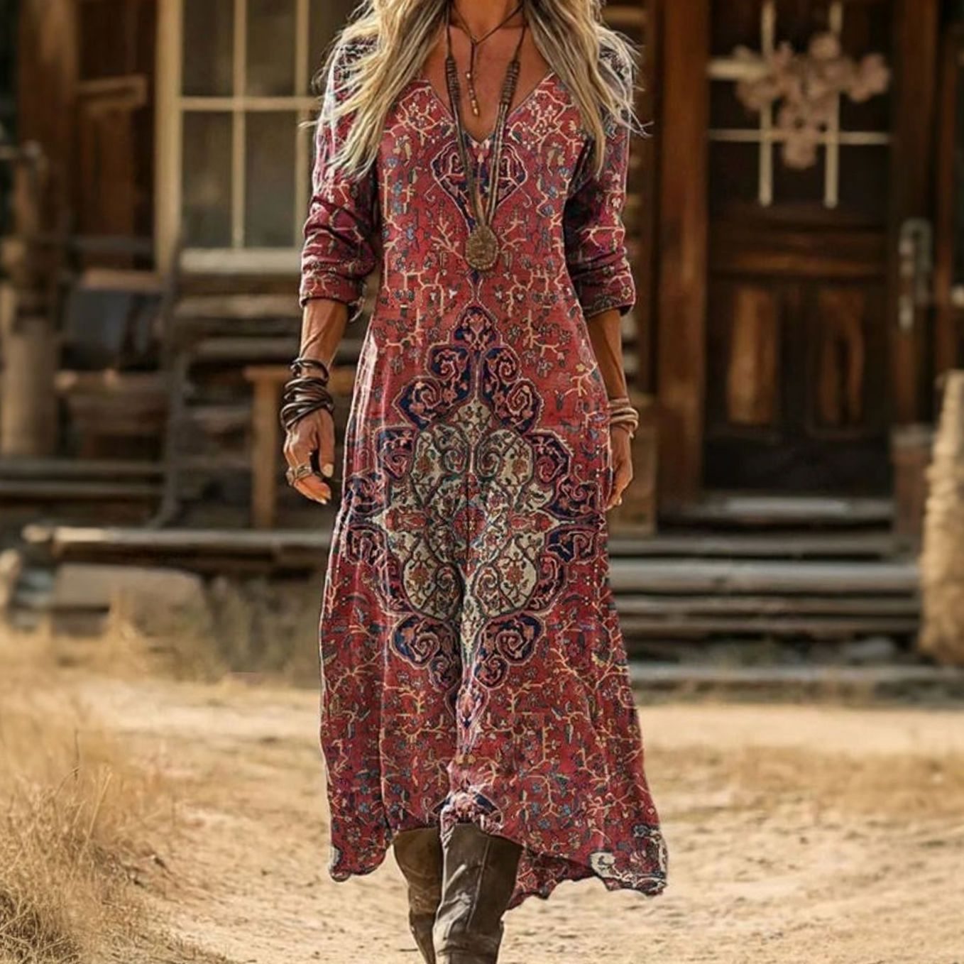 Women's Vintage Mandala Print Long Sleeve Boho Dress