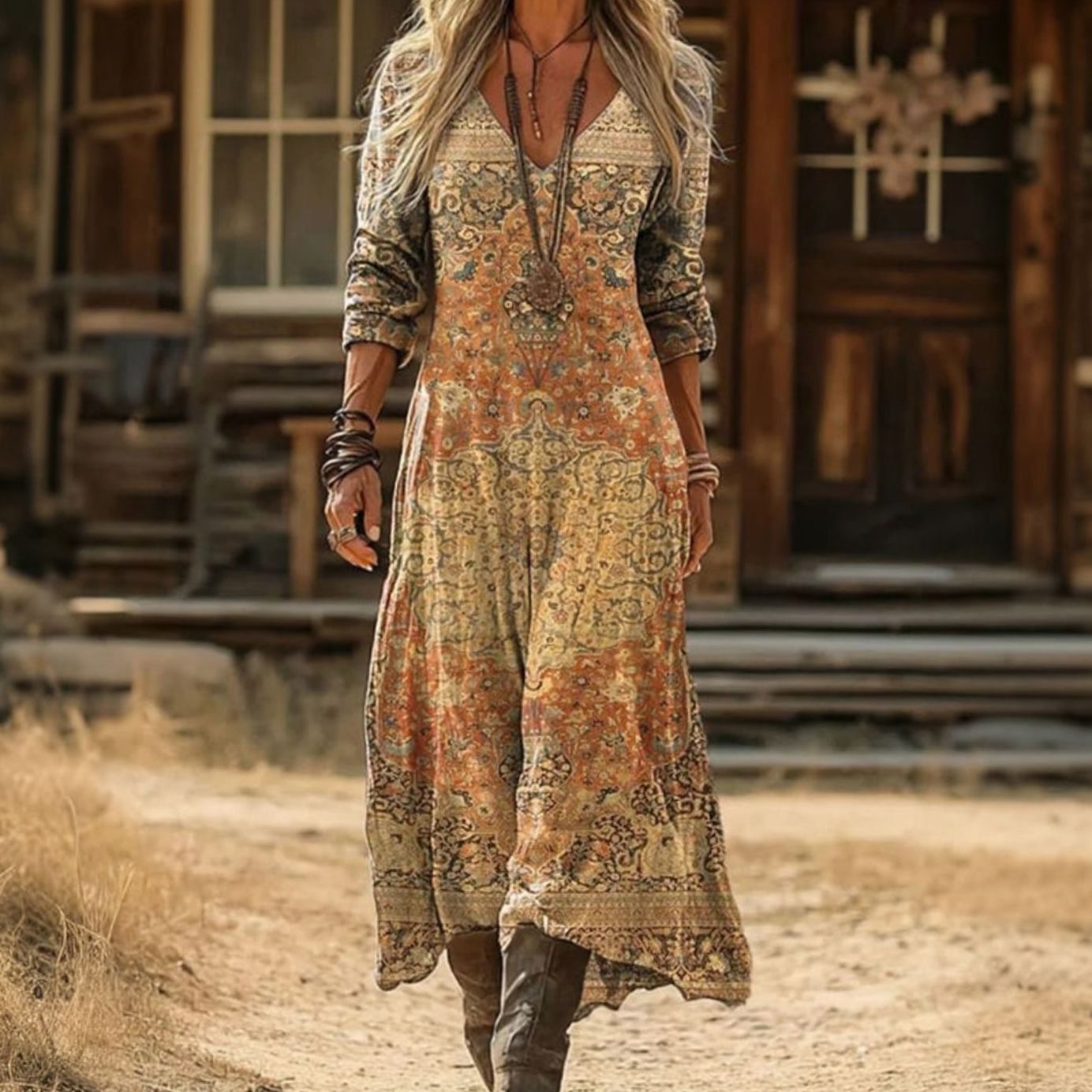 Women's Vintage Print Long Sleeve Flowing Boho Dress