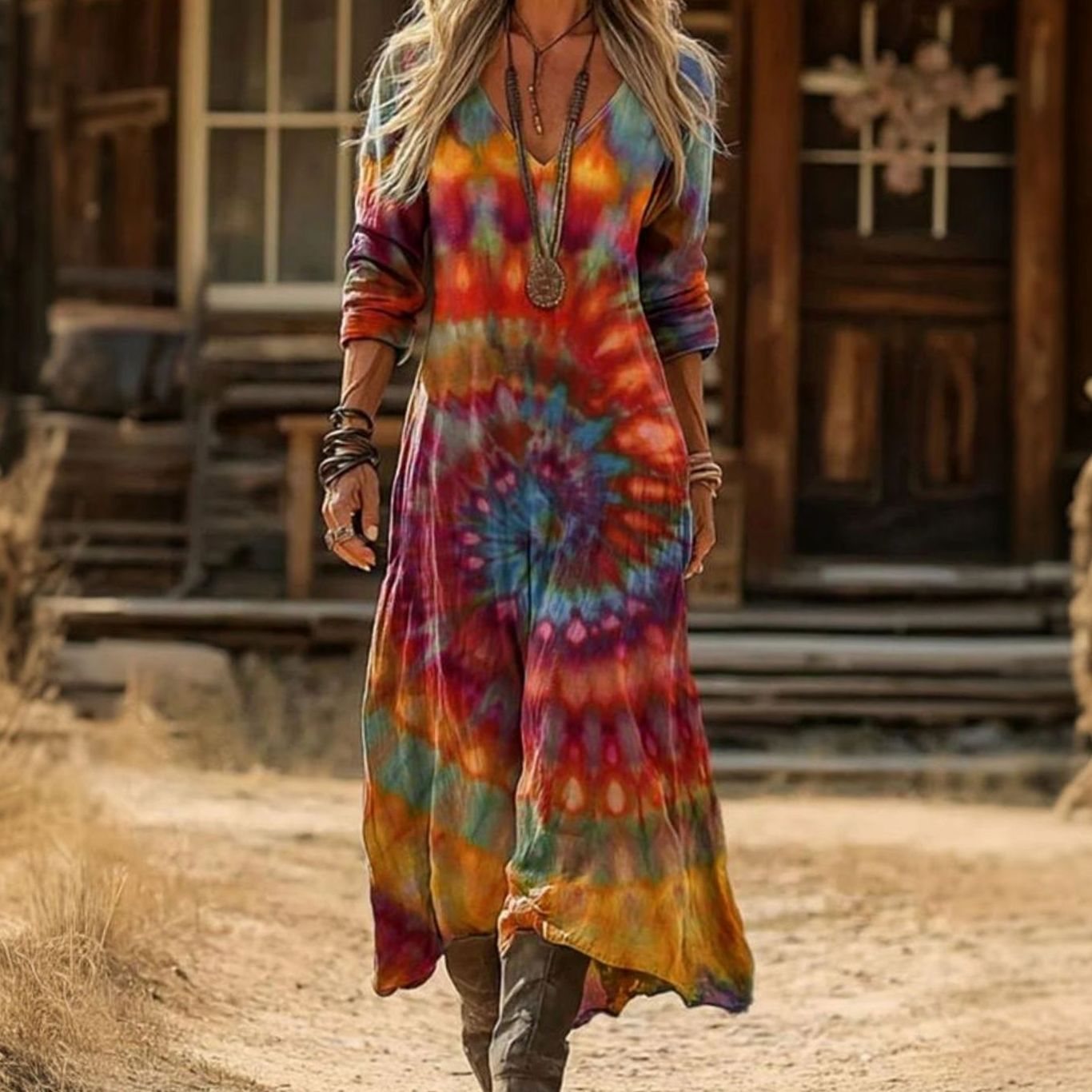 Women's Vintage Tie-Dye Long Sleeve Flowing Boho Dress - Multicolor