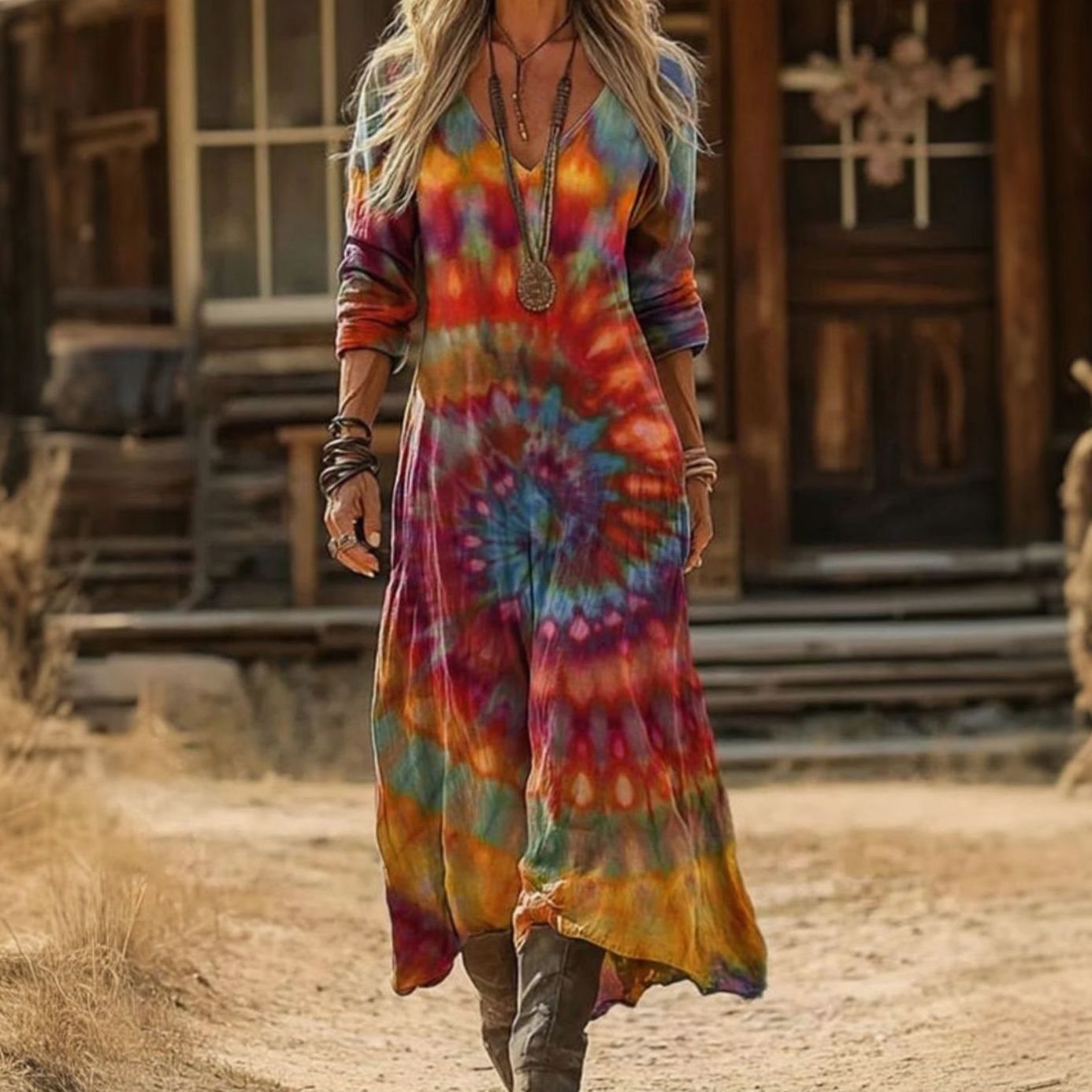 Women's Vintage Tie-Dye Long Sleeve Flowing Boho Dress