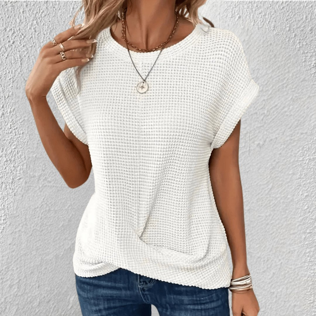 Women's Waffle Knit Top Round Neck Tummy Tucking Short Sleeve - White