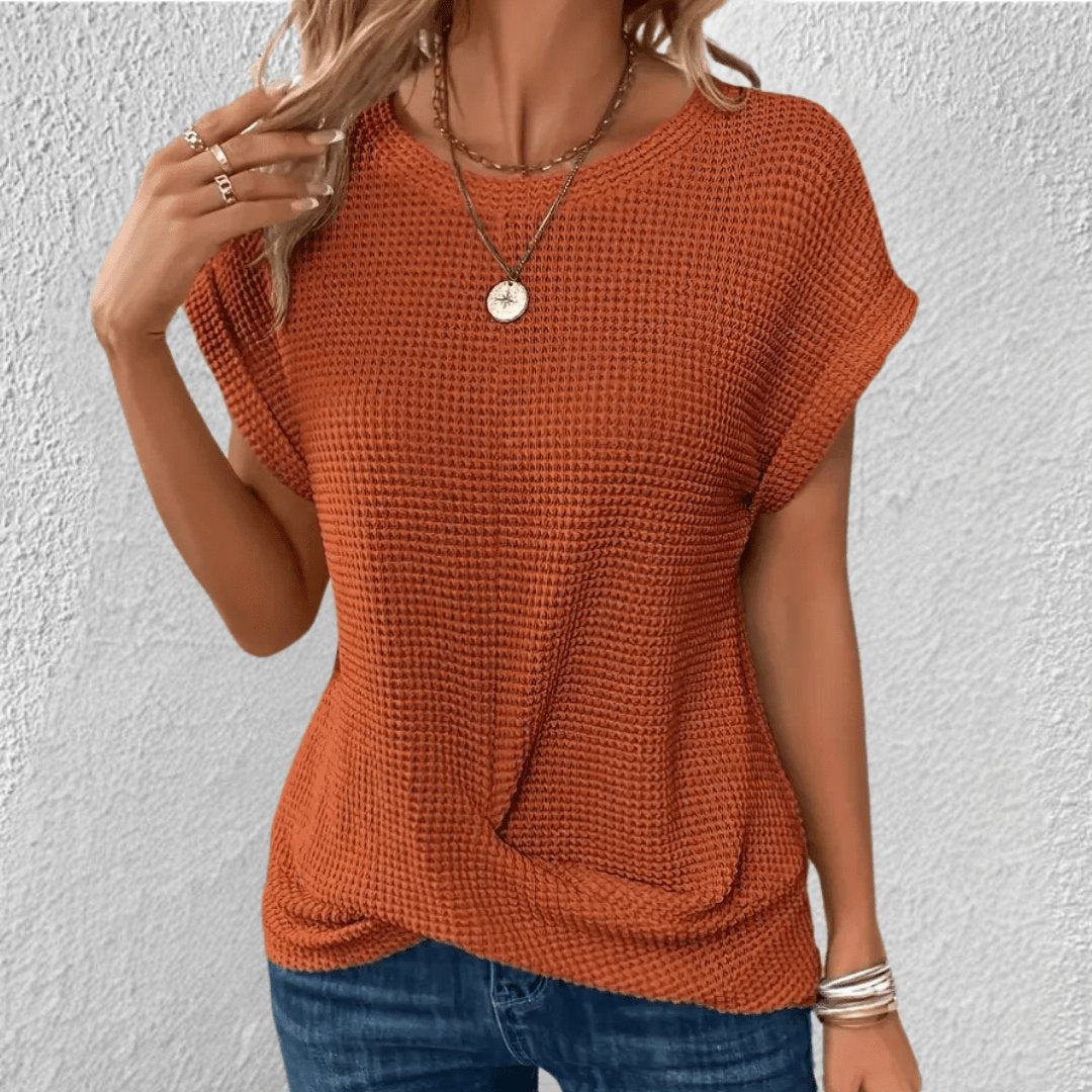 Women's Waffle Knit Top Round Neck Tummy Tucking Short Sleeve - Orange
